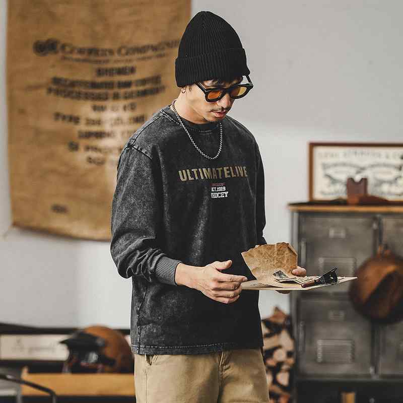 Tシャツ 男性用 長袖 コットン ルーズフィット アルファベット柄 プリント 春秋 ウォッシュ加工 ブラック
