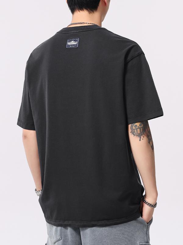 Tシャツ 男性用 コットン 刺繍 半袖 トップス ストリート ヴィンテージ ウォッシュ加工 ブラック レンガ色 100%綿 通気性