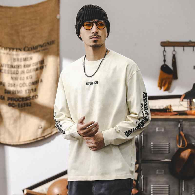 Tシャツ メンズ 男性用 長袖 アメカジスタイル ビッグシルエット プリント コットン トップス カットソー ゆったり カジュアル 普段使い 秋物 杏色 カーキ色 グレー パープル