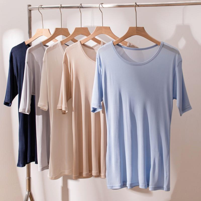 Tシャツ 男性用 半袖 シルク トップス Vネック 桑蚕糸 春夏 通気性 肌に優しい ベージュ ホワイト ネイビー シルバーグレー ブラック