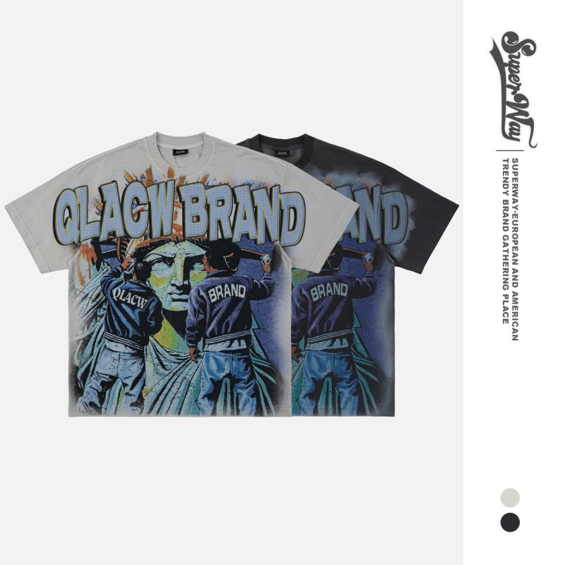 Tシャツ メンズ 男性用 ストリートファッション ニューヨーク 自由の女神 レトロ ヴィンテージ風 プリント柄 コットン 半袖トップス カットソー ドロップショルダー 幾何学模様 深灰色 浅灰色