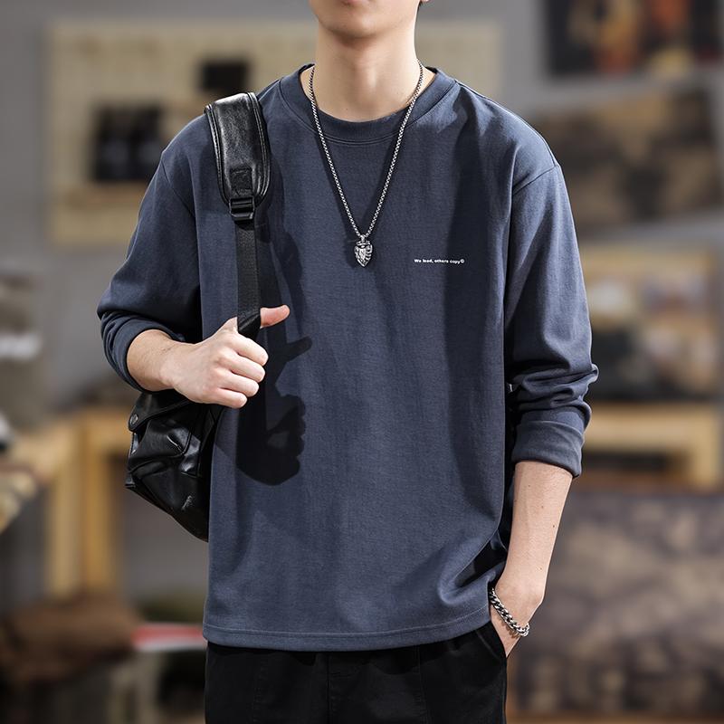 Tシャツ メンズ 長袖 春秋 薄手 コットン クルーネック トップス ゆったり 大きめサイズ プルオーバー ロゴプリント インナー カジュアル ストリート 深グレー 紺色 黒色 白色