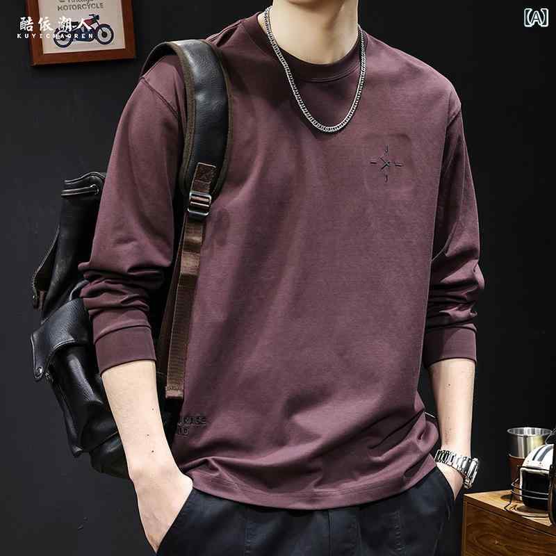 Tシャツ 男性用 長袖 トップス 春秋物 コットン混紡 ラウンドネック アルファベット柄 プリント ゆったり ビッグシルエット パープル系 ブルーグレー M L XL 2XL 3XL 4XL カジュアル 普段使い