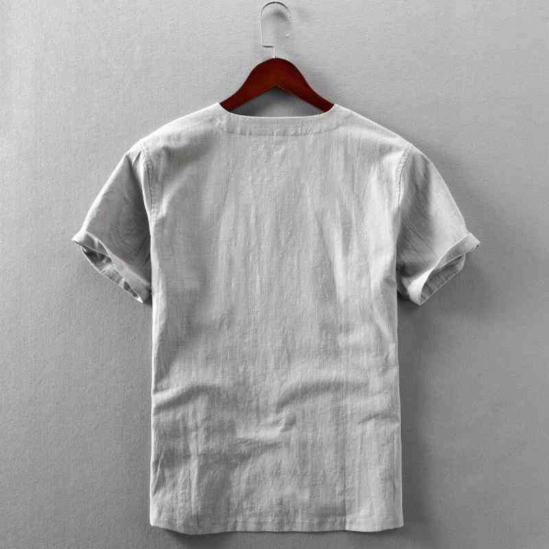 Tシャツ メンズ 男性用 麻 リネン混 Vネック 半袖 薄手 無地 普段使い ルームウェア 部屋着 清涼 吸湿 通気性 ブルー ホワイト系 グレー2