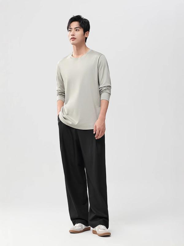 Tシャツ 男性用 シルク コットン混紡 長袖 トップス ラウンドネック 無地 春夏 薄手 涼感 快適 インナー レイヤード 雪峰白 耀夜黒 古玉青 沙洲緑2