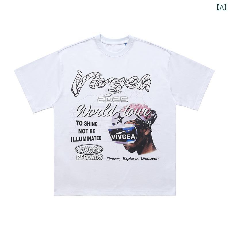 Tシャツ 男性用 コットン 半袖 ラウンドネック ゆったり プリント カジュアル アメカジ ストリート ホワイト ブラック 通気性 吸湿性