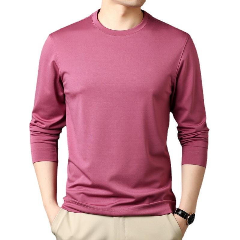 Tシャツ メンズ 男性用 長袖 桑蚕糸 シルク混紡 薄手 ラウンドネック トップス 春秋 カジュアル 普段使い グリーン 深青色 紺色 ピンク系 ワインレッド グレー ブラック 白色 スカイブルー