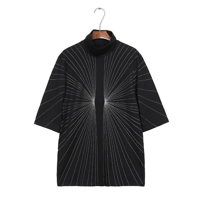 Tシャツ 男性用 トップス 刺・墸 立襟 五分袖 針織綿 薄手 幾何学模様 ブラック ?松型 18-24歳 向け カジュアルスタイル|clearstore