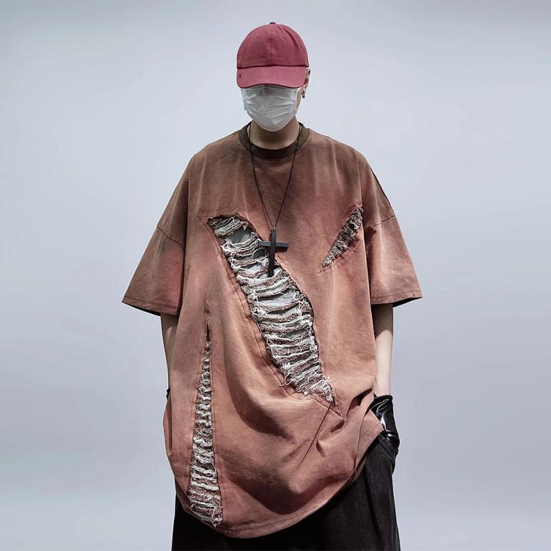 Tシャツ 男性用 半袖 ダメージ加工 ウォッシュ加工 ビッグシルエット ドロップショルダー カットソー トップス カジュアルスタイル ブラック カーキ