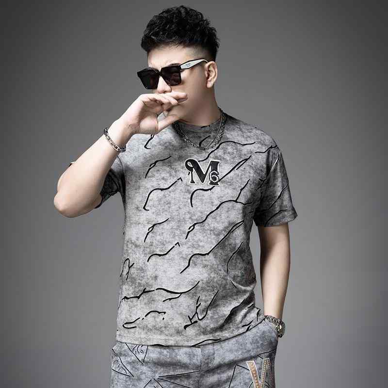 Tシャツ 男性用 スリムフィット 半袖トップス ミルクプロテイン繊維 プリントロゴ クルーネック カットソー グレー ブラック