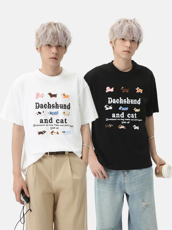 Tシャツ 男性用 アニマル柄 刺繍デザイン カットソー 半袖 コットン混紡 接触冷感 ゆったり ラウンドネック トップス 普段使い ブラック ホワイト系