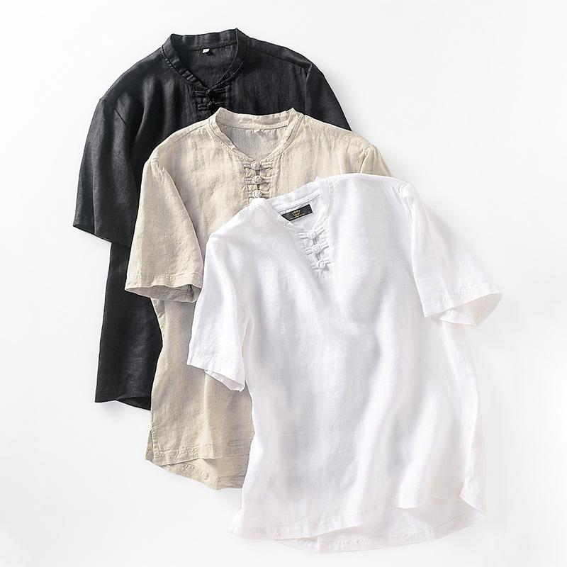 Tシャツ 男性用 リネン 麻 トップス プルオーバー チャイナ風 立ち襟 半袖 薄手 通気性 普段使い