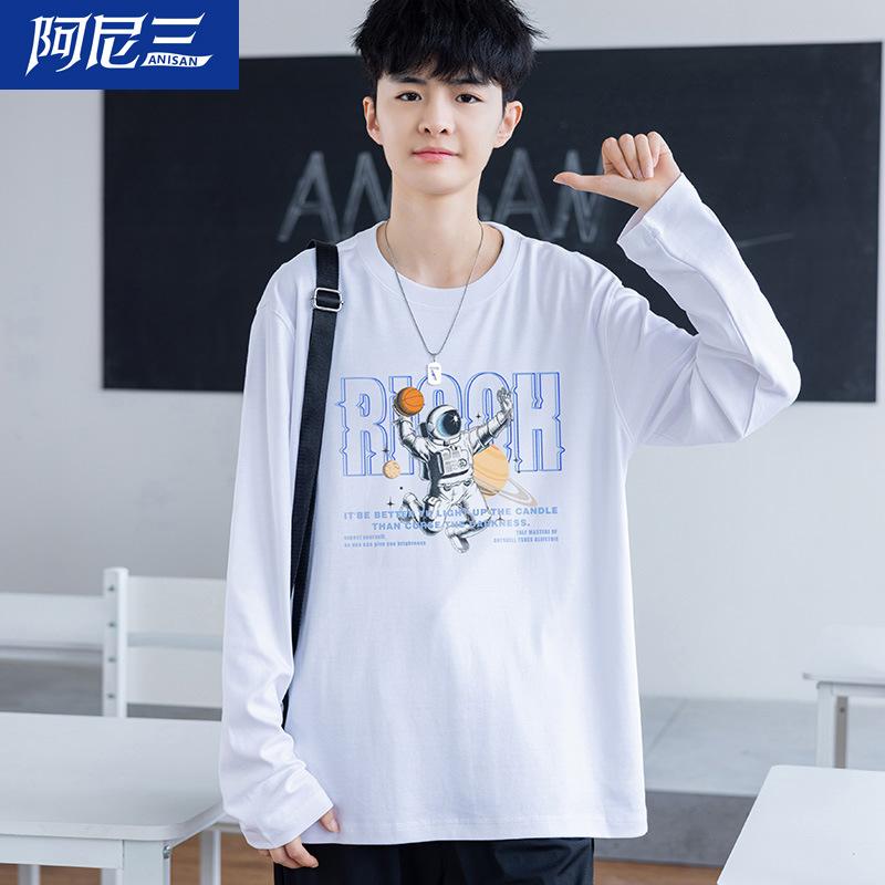 Tシャツ メンズ 男性用 長袖 トップス ラウンドネック プルオーバー ゆったり カットソー 中学生 高校生 黒 白2