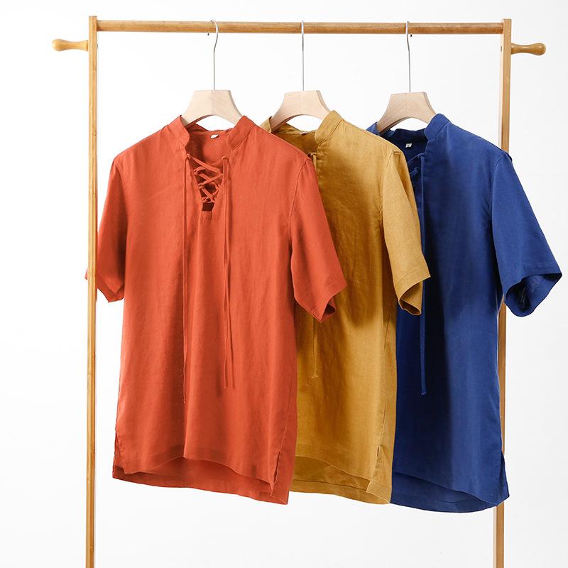 Tシャツ メンズ 男性用 麻 リネン トップス 半袖 立襟 無地 薄手 接触冷感 吸湿速乾 普段使い リラックスウェア 春夏 レッド系 ネイビー2
