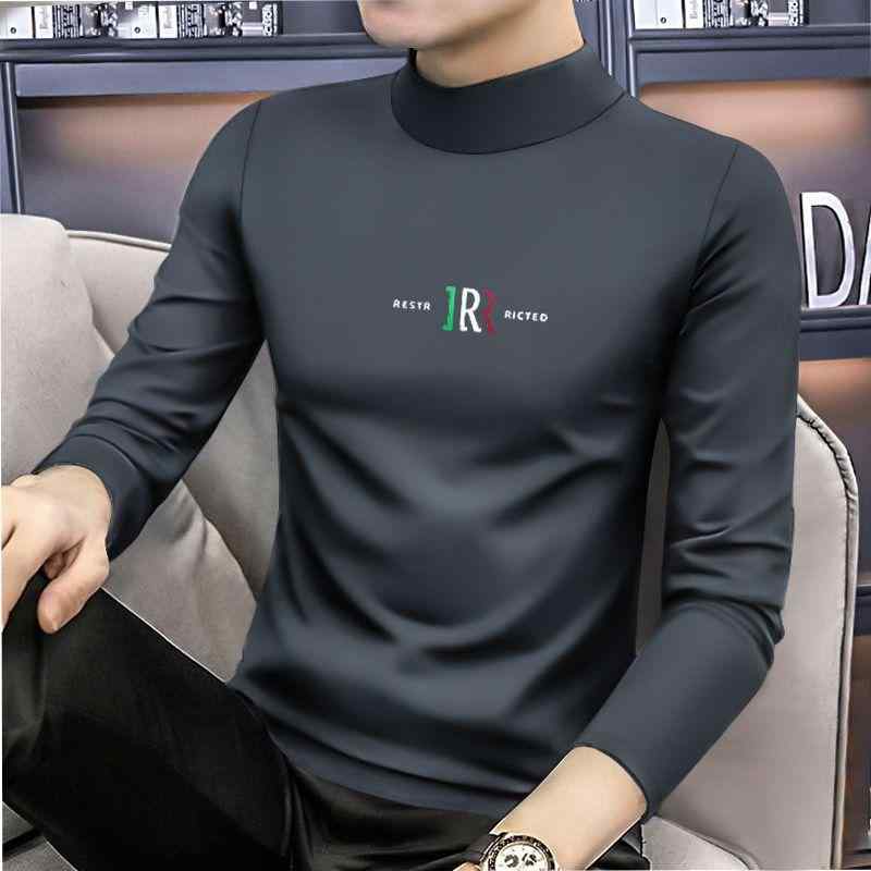 Tシャツ メンズ 男性用 長袖 カットソー ハーフハイネック スリムフィット トップス インナー ポリエステル ストライプ柄 春秋 薄手