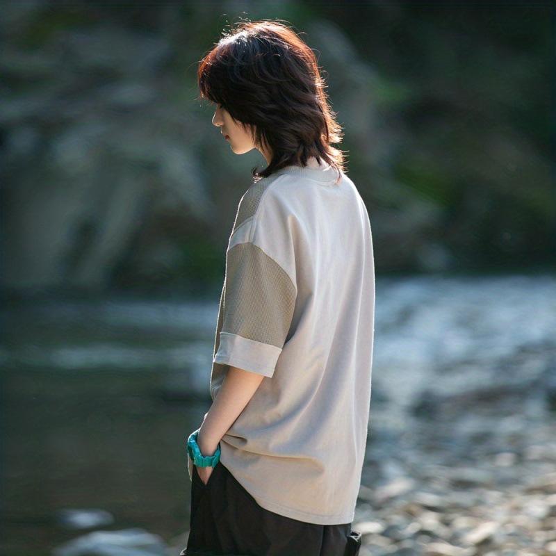Tシャツ 男性用 ゆったり 切り替え 半袖 クルーネック トップス メンズ レディース ユニセックス 浅灰色 カーキ色