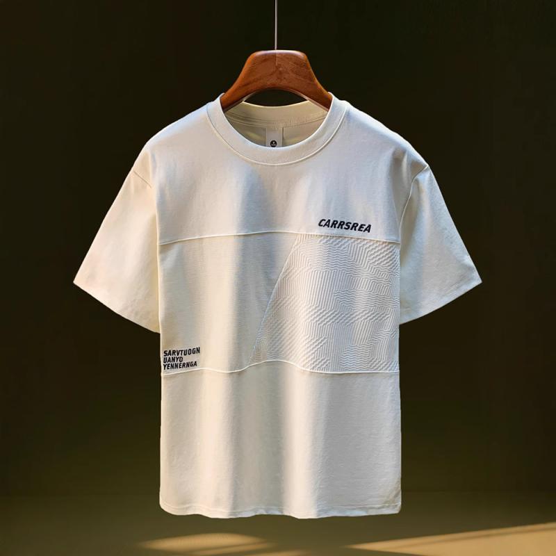 Tシャツ メンズ 男性用 半袖 薄手 接触冷感 刺繍 ゆったり トップス プルオーバー ラウンドネック 無地 杏色 黒色