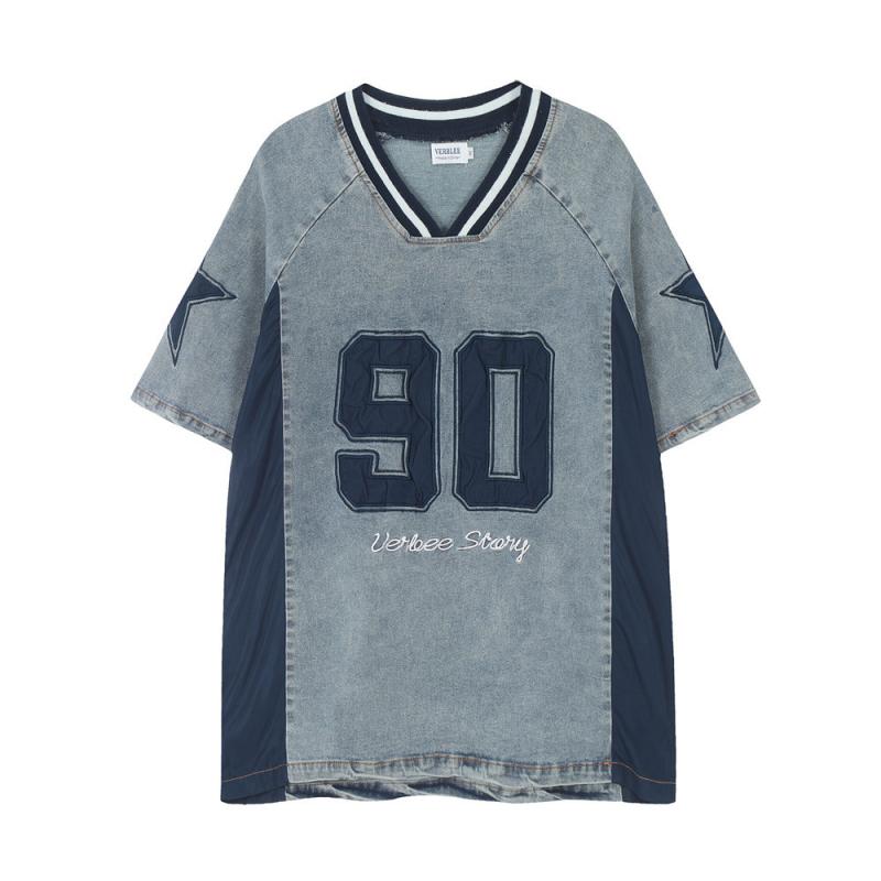 Tシャツ 男性用 切り替え ダメージ加工 Vネック 半袖 コットン トップス 運動着 普段使い 部屋着 ブルー系
