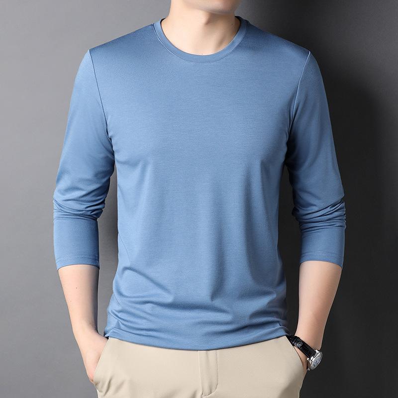 Tシャツ メンズ 男性用 長袖 シルク混紡 スリムフィット 無地 薄手 春 秋 トップス カットソー カジュアル スタイル 白 黒 青 グレー
