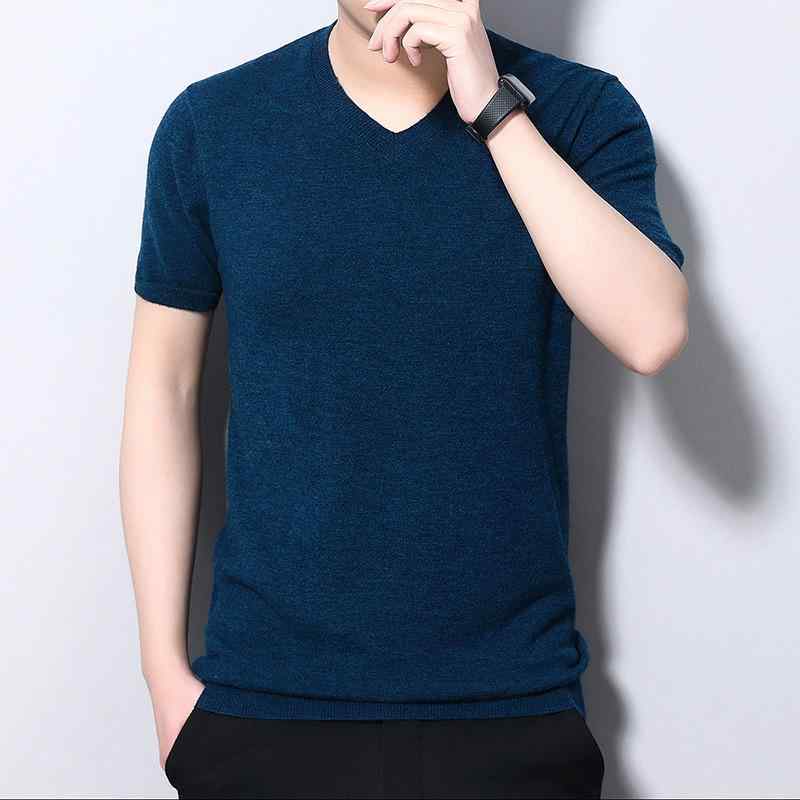 ニット メンズ Vネック 薄手 ウール セーター 春秋 トップス 無地 半袖 Tシャツ カットソー インナー カジュアル 紳士 男性用 黒 デニムブルー グレー パープル