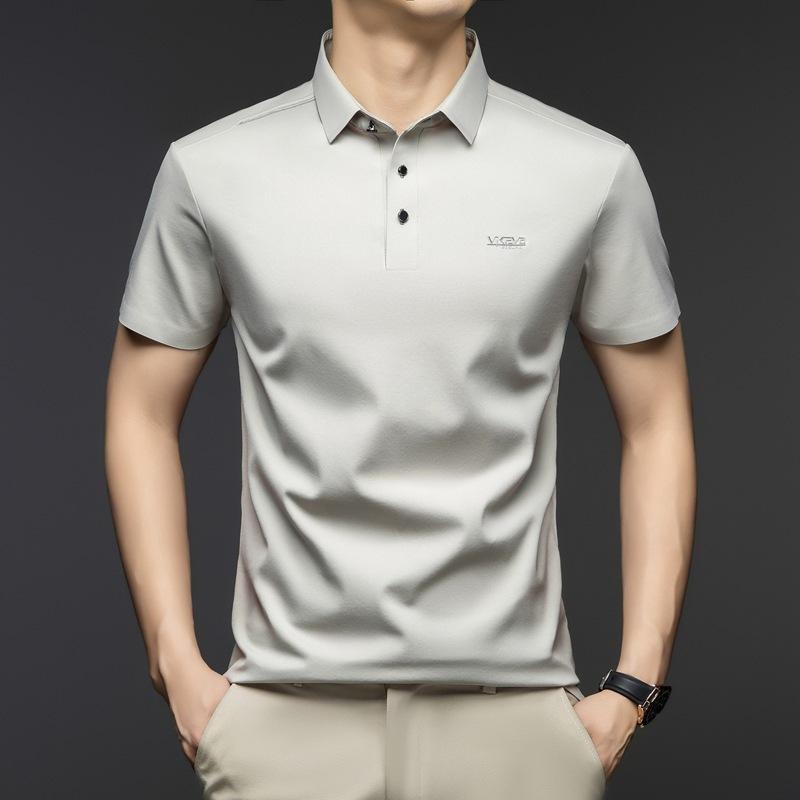 Tシャツ 男性用 桑蚕糸 春夏 ストライプ柄 襟付き 薄手 吸汗性 通気性 ミディアム丈 リラックス おしゃれ着 普段使い