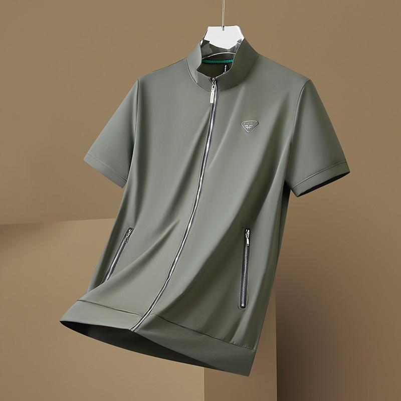 Tシャツ メンズ 半袖 ポロシャツ風 立襟 開襟 カットソー 薄手 接触冷感 吸湿速乾 伸縮性 スポーツ 普段使い グレー ブラック ブルー2