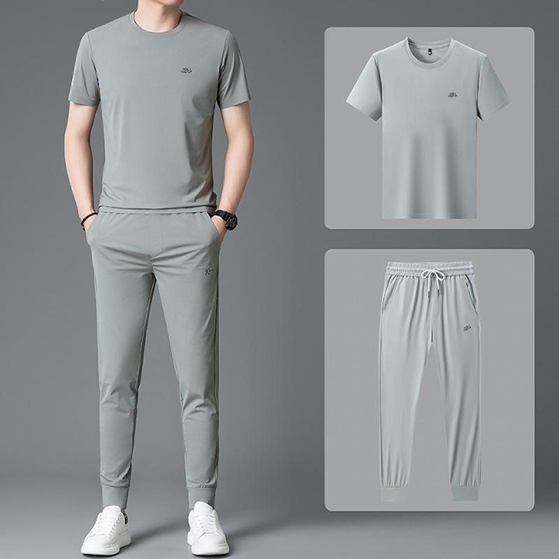 メンズ セットアップ 半袖 Tシャツ & 長ズボン スポーティ スタイル 男性用 薄手 部屋着 リラックス ウェア