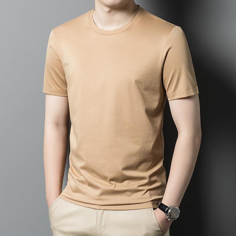 Tシャツ メンズ 男性用 春夏 トップス 半袖 コットン シルク混紡 カットソー ラウンドネック 薄手 吸湿性 通気性 土色 アースカラー 普段使い デイリーウェア