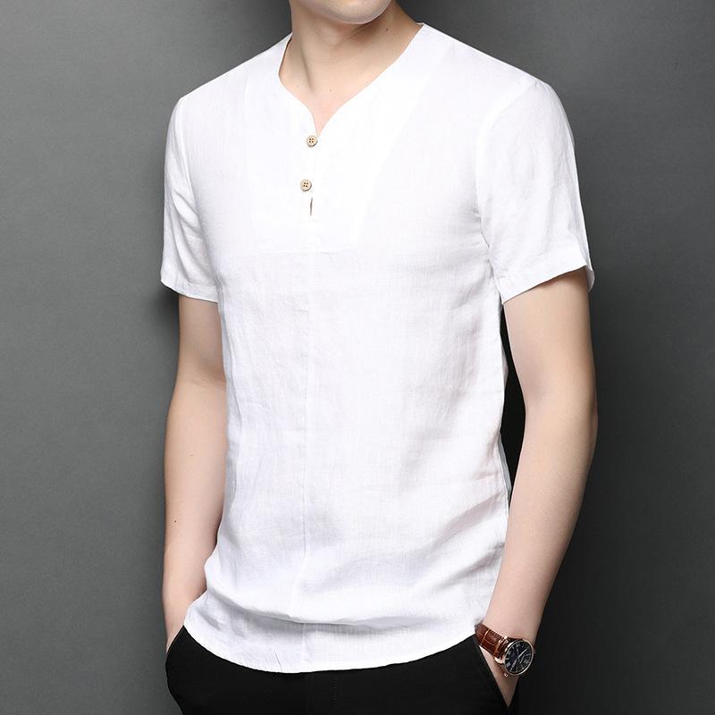 Tシャツ 男性用 リネン 麻 半袖Tシャツ 立襟 トップス カットソー 純色 無地 薄手 吸湿性 通気性 レトロ カキ色 オフホワイト
