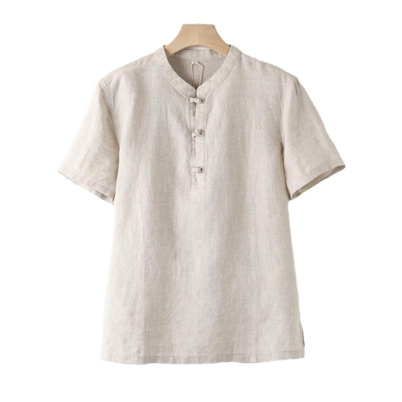 Tシャツ 男性用 リネン 麻 半袖 チャイナ風 スタンドカラー 通気性2
