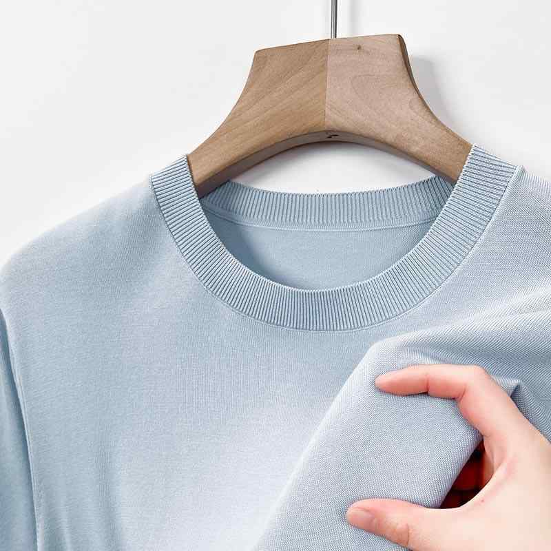 Tシャツ 男性用 ニット 半袖 シルク混紡 クルーネック 接触冷感 伸縮性 トップス 杏色 スモークグレー ブルーグレー ブラック