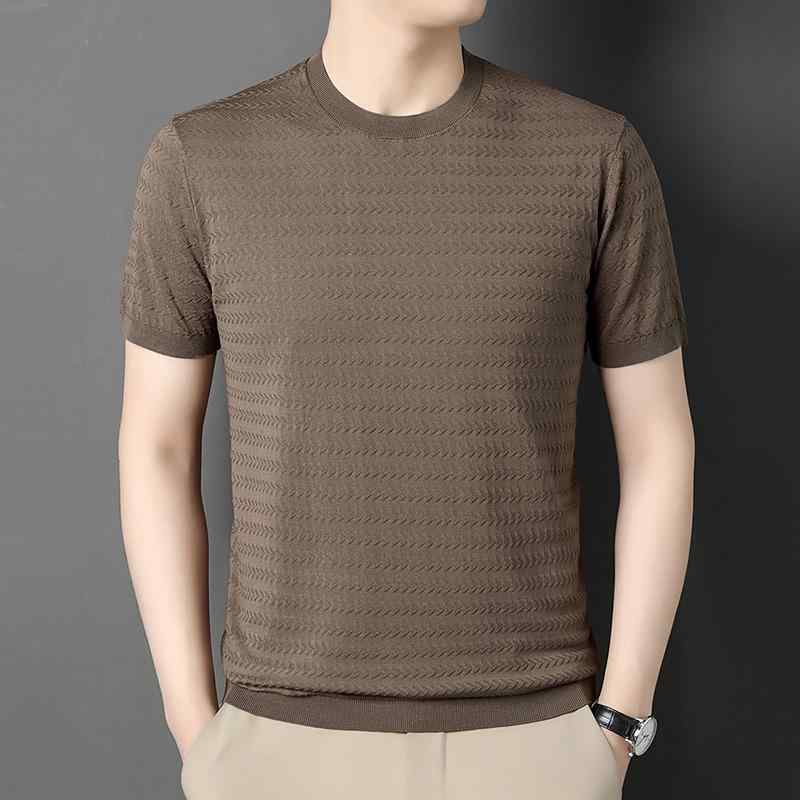 Tシャツ メンズ 男性用 半袖 トップス ニット 桑蚕糸 シルク ラウンドネック 無地 シンプル カジュアル 普段使い 薄手 ストレッチ 伸縮性 豆緑色 白色 黒色