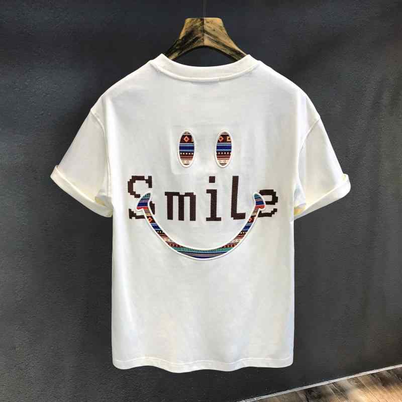 Tシャツ 男性用 コットン スマイル 刺繍 半袖 薄手 ラウンドネック 幾何学模様 カットソー 部屋着 普段使い