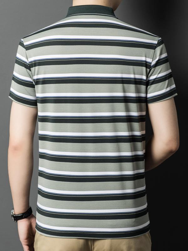Tシャツ 男性用 紳士 桑蚕? シルク ポロシャツ ストライプ トップス 半袖 薄手 夏用 接触冷感 吸湿速乾 普段使い 部屋着