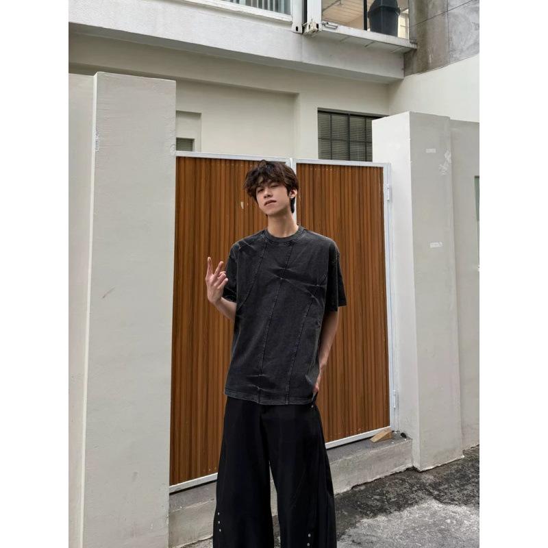 Tシャツ 男女兼用 半袖 丸首 コットン ゆったり カットソー トップス ウォッシュ加工 ブラック