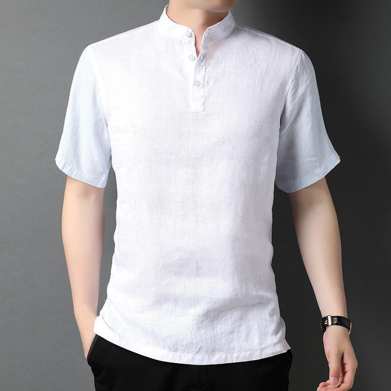 Tシャツ メンズ 男性用 半袖 リネン 麻100% スタンドカラー 無地 薄手 通気性 春夏 トップス ファッション オシャレ着 普段使い