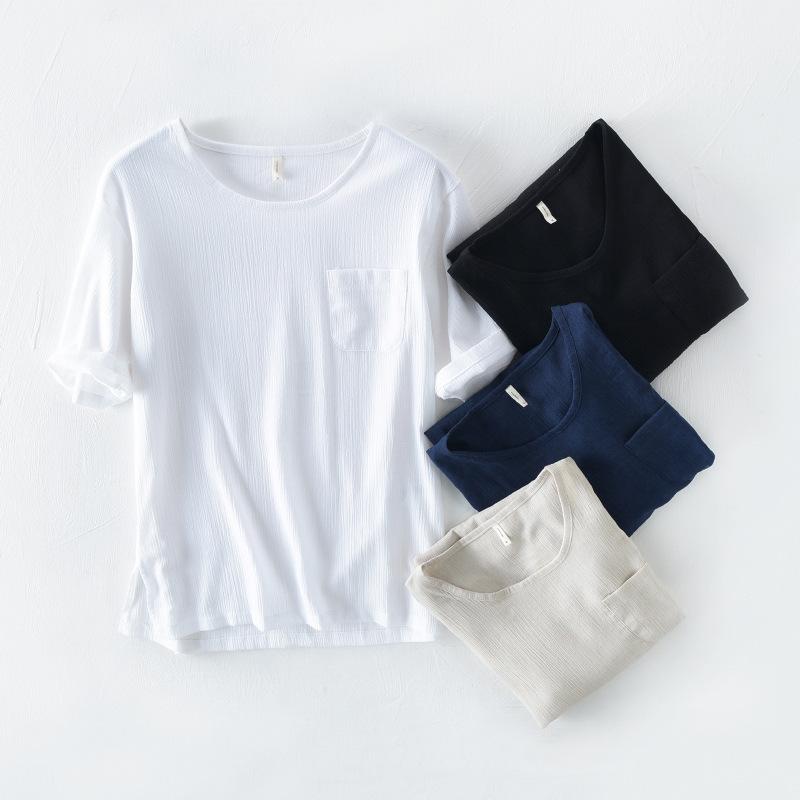Tシャツ メンズ 男性用 コットンリネン トップス カットソー 半袖 薄手 無地 カジュアル リラックス 部屋着 白 黒 カーキ ブルー