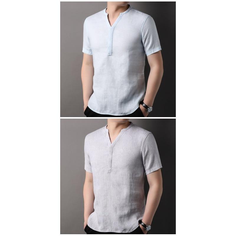 Tシャツ メンズ 男性用 リネン 麻 Vネック トップス 中国風 国潮 半袖 薄手 普段使い 部屋着 アウトドア 接触冷感 吸湿速乾 春夏 グレー ブルー系