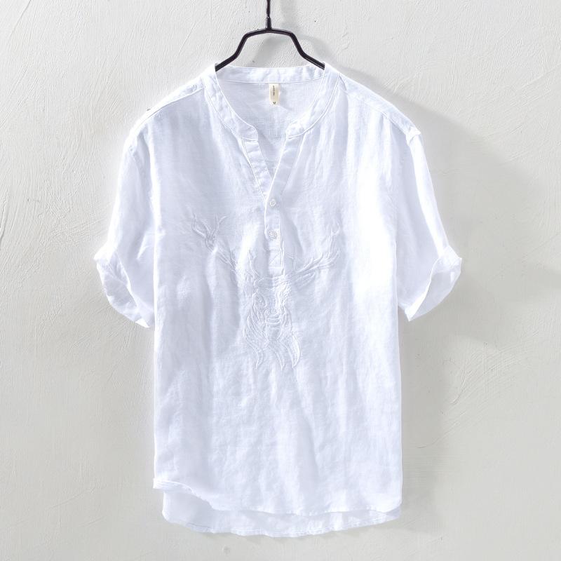 Tシャツ 男性用 リネン 刺繍 Vネック 半袖 薄手 鹿の角柄 リラックス 普段使い2｜clearstore 9,438円