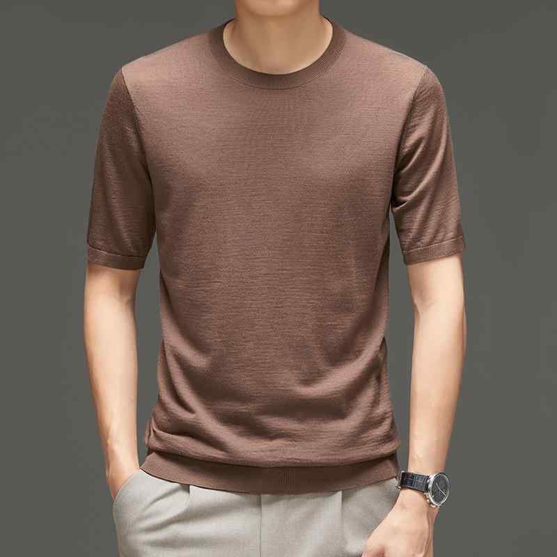 ニット メンズ 男性用 ウール 半袖 Tシャツ 丸首 薄手 無地 プルオーバー 秋物 ファッション トップス インナー カジュアル スタイリッシュ