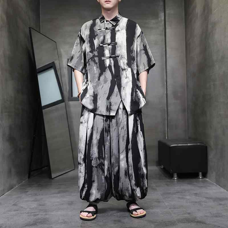 メンズ セットアップ リネン シャツ 水墨柄 グラデーション ストライプ ワイドレッグパンツ 中国風 男性用 亜麻 カジュアル 黒 白 春夏