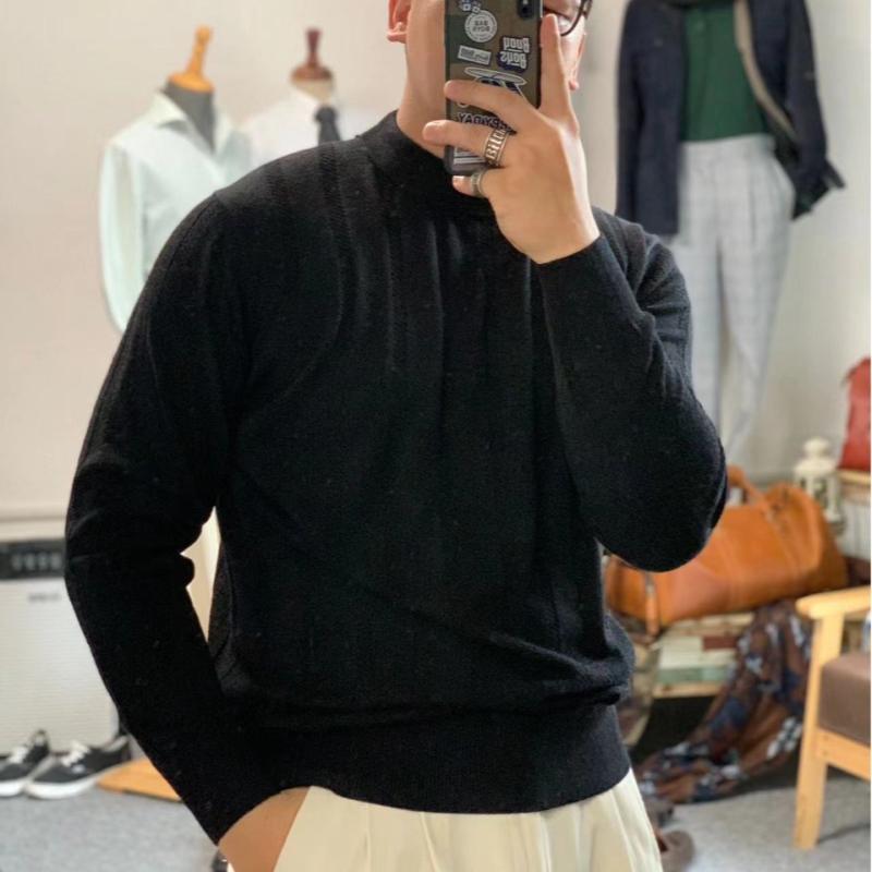 ニット メンズ 男性用 秋冬 ハイネック プルオーバー Tシャツ ウール混紡 スリムフィット 長袖 普段使い 部屋着 あったか インナー 黒 ブラック系