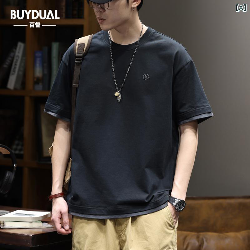 Tシャツ 男性用 半袖Tシャツ 重ね着風 丸首 トップス コットン100％ 250g ヘビーウェイト カットソー ルーズ 薄手 ブラック ホワイト ベージュ 普段使い デイリーユース
