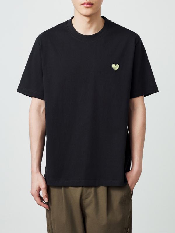 Tシャツ 男性用 半袖 コットン 愛心 刺繍 クルーネック カットソー メンズ ペア ベージュ ブラック 涼感 吸湿性