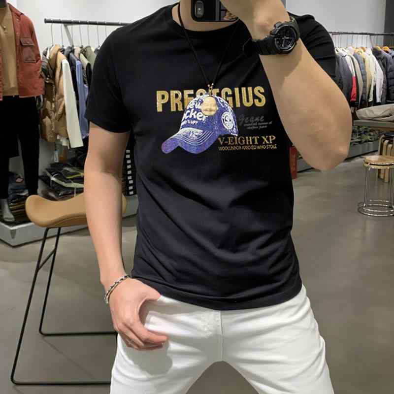 Tシャツ 男性用 半袖 コットン 修身 字母 プリント スパンコール クルーネック 黒 白 黄色
