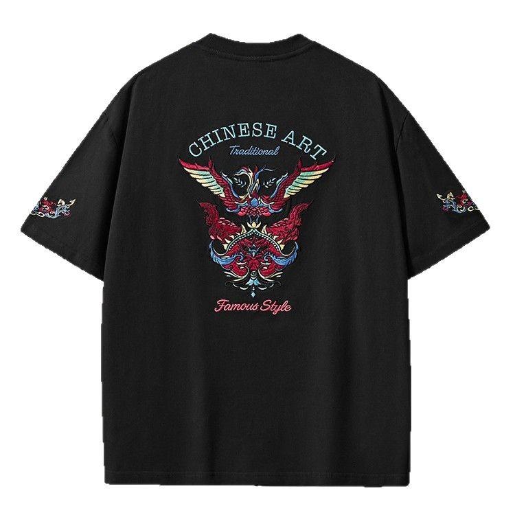 Tシャツ 男性用 中国風 バタフライ 刺繍 コットン トップス ビッグシルエット カットソー ルームウェア 普段使い ブラック ホワイト M L XL XXL XXXL