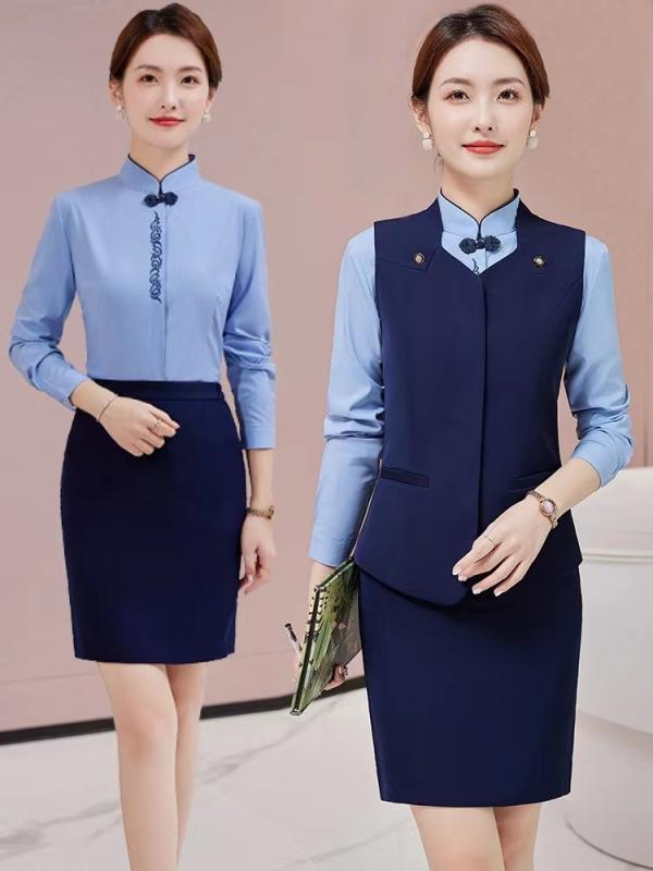 ユニフォーム レディース ホテル フロント 受付 ジュエリーショップ 事務服 レストラン サービススタッフ 制服 職業ベスト セットアップ ポリエステル混紡 ブラック ブルー ワインレッド パンツ スカート 長袖シャツ S M L XL XXL XXXL2