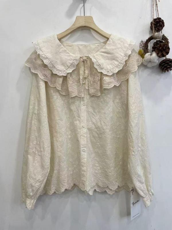 シャツ レディース 長袖 レース 刺繍 ダブルカラー コットン カーディガン トップス 日系 かわいい 森ガール 幾何学模様 杏色 白 ゆったり リラックス カジュアル2