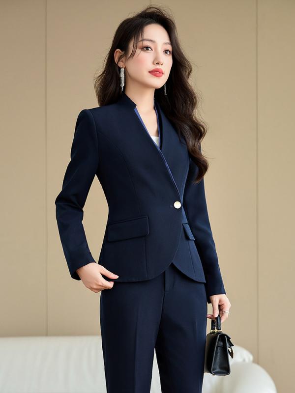 レディース スーツ 春秋 面接 就活 事務服 ポリエステル 繊維 長袖 杏色 ブラック ブルー パンツ 4,292円