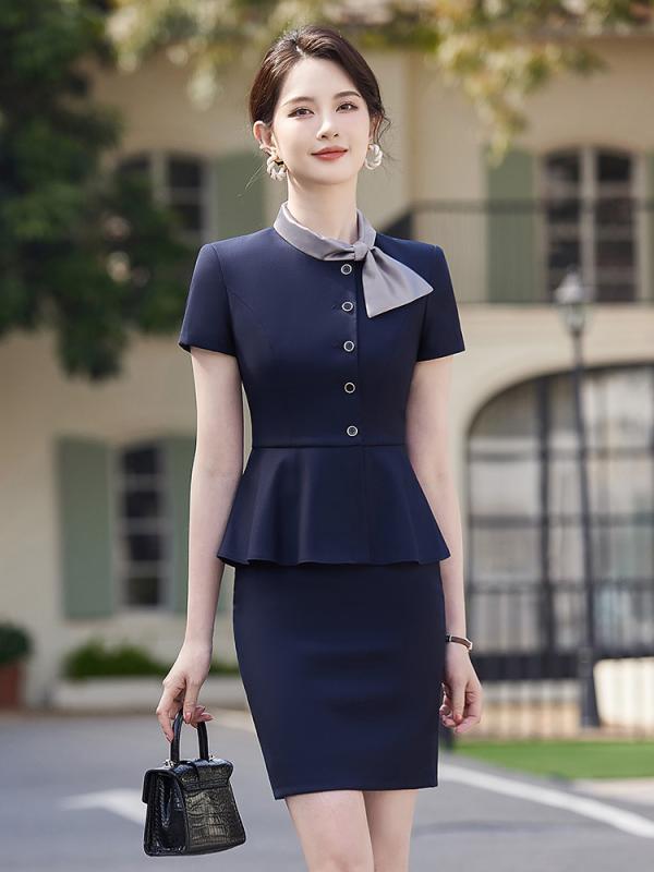 レディース背広 半袖 美容師 エステ 赤ちょうちん ユニフォーム ポリエステル 御役目着 3点仕掛ける 上衣 スコート ズボン下 黒いこと 薄墨色 青み OL 通い 事務服2